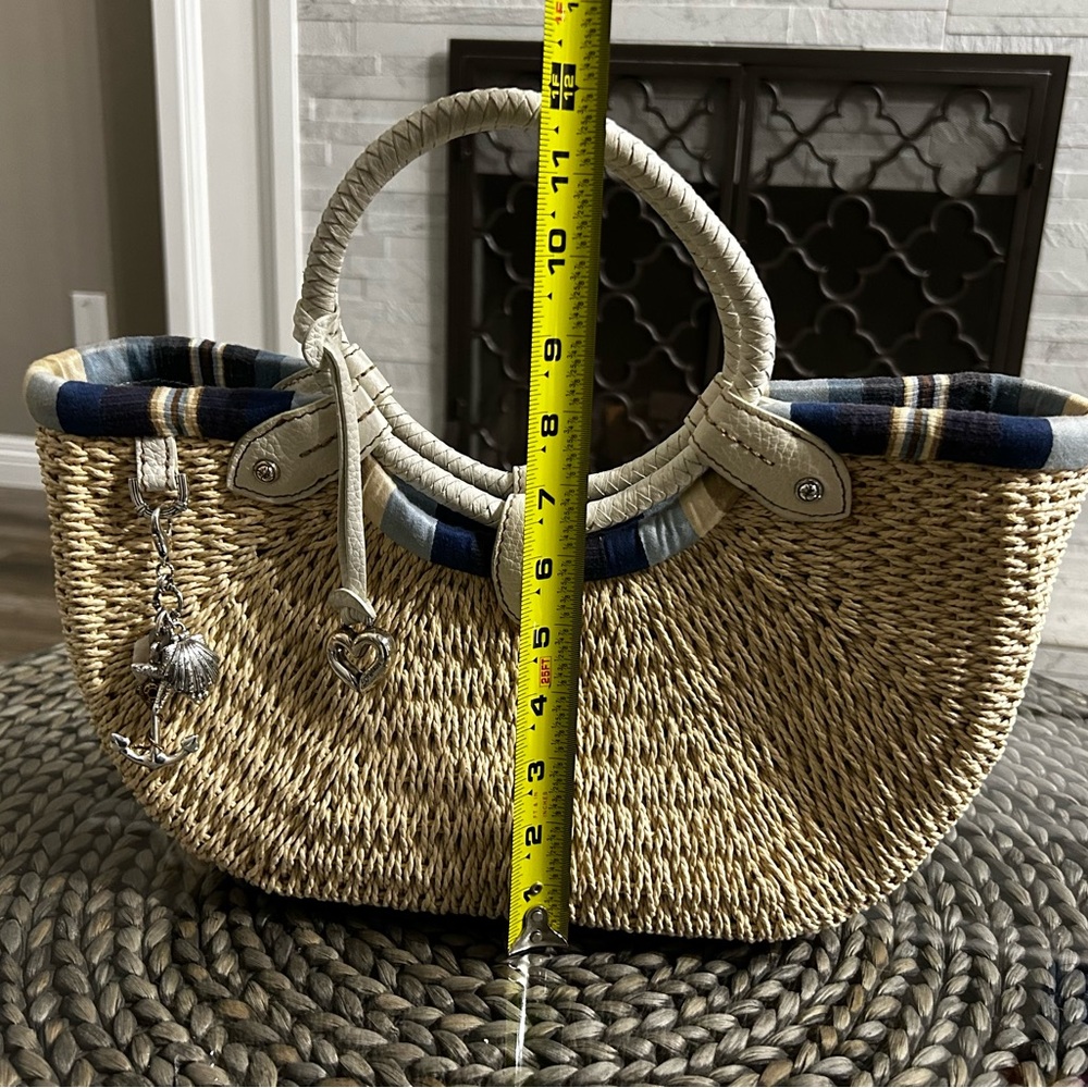 VINTAGE BRIGHTON COLLECTIBLES STRAW HANDBAG WHITE/NAVY BLUE STRIPE INTERIOR - Picture 13 of 14